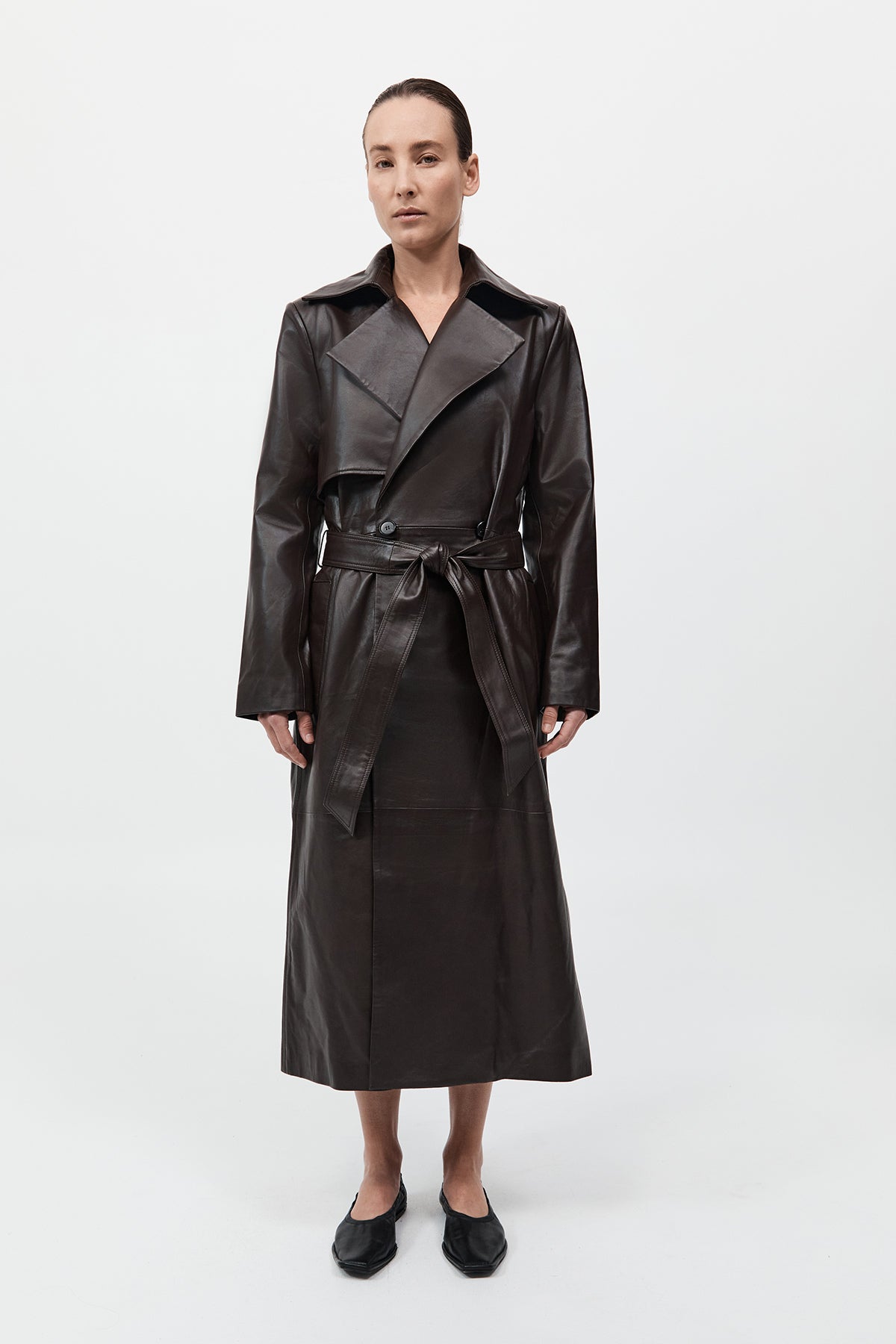 Leather Trench Coat - Chocolate